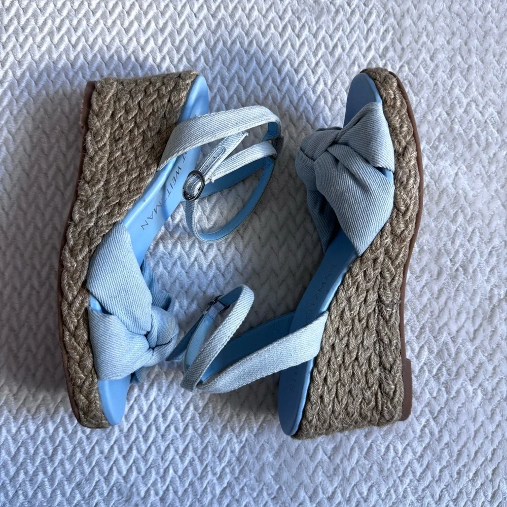 Stuart Weitzman Playa Espadrille Knot Wedge Sandals 9 B Blue Denim Ankle Strap